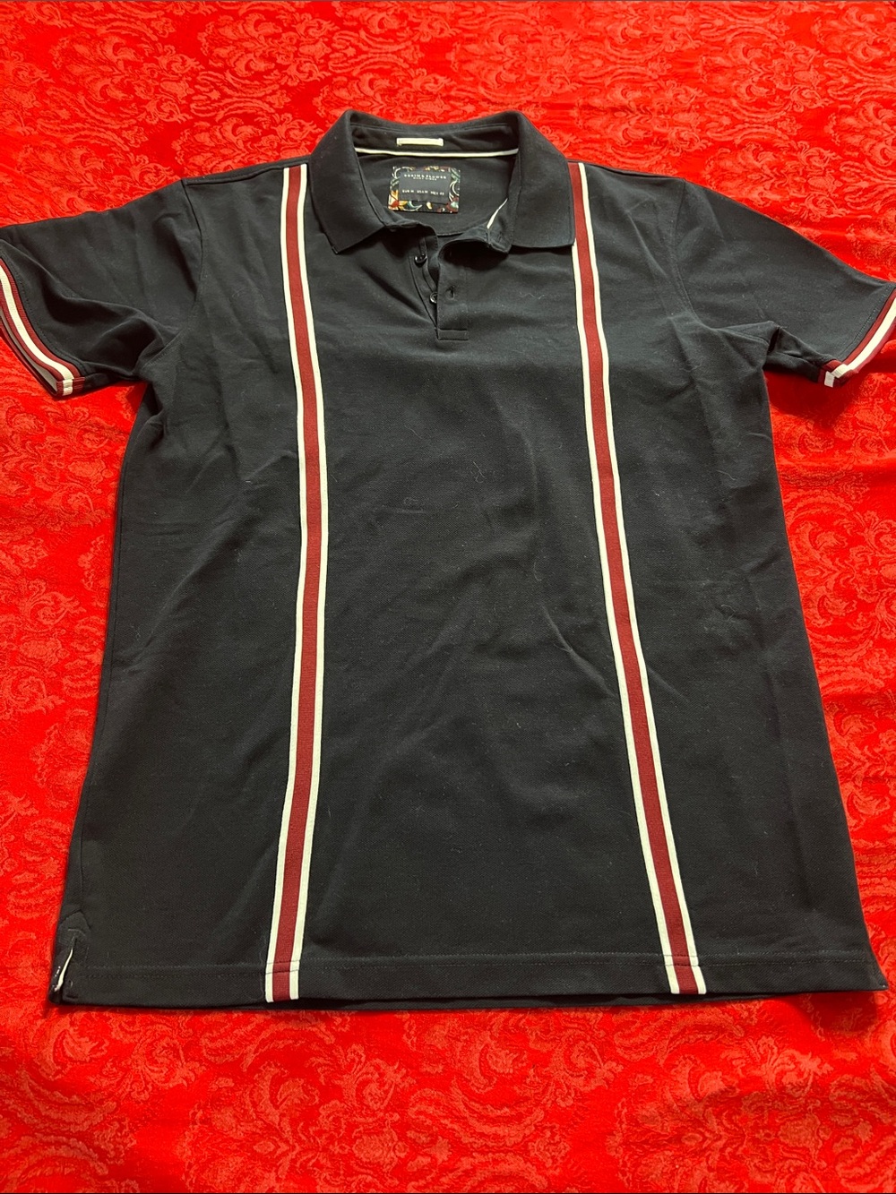Denim & Flower Modern Polo Shirt Navy Burgundy Stripe Retro Mod Men’s M